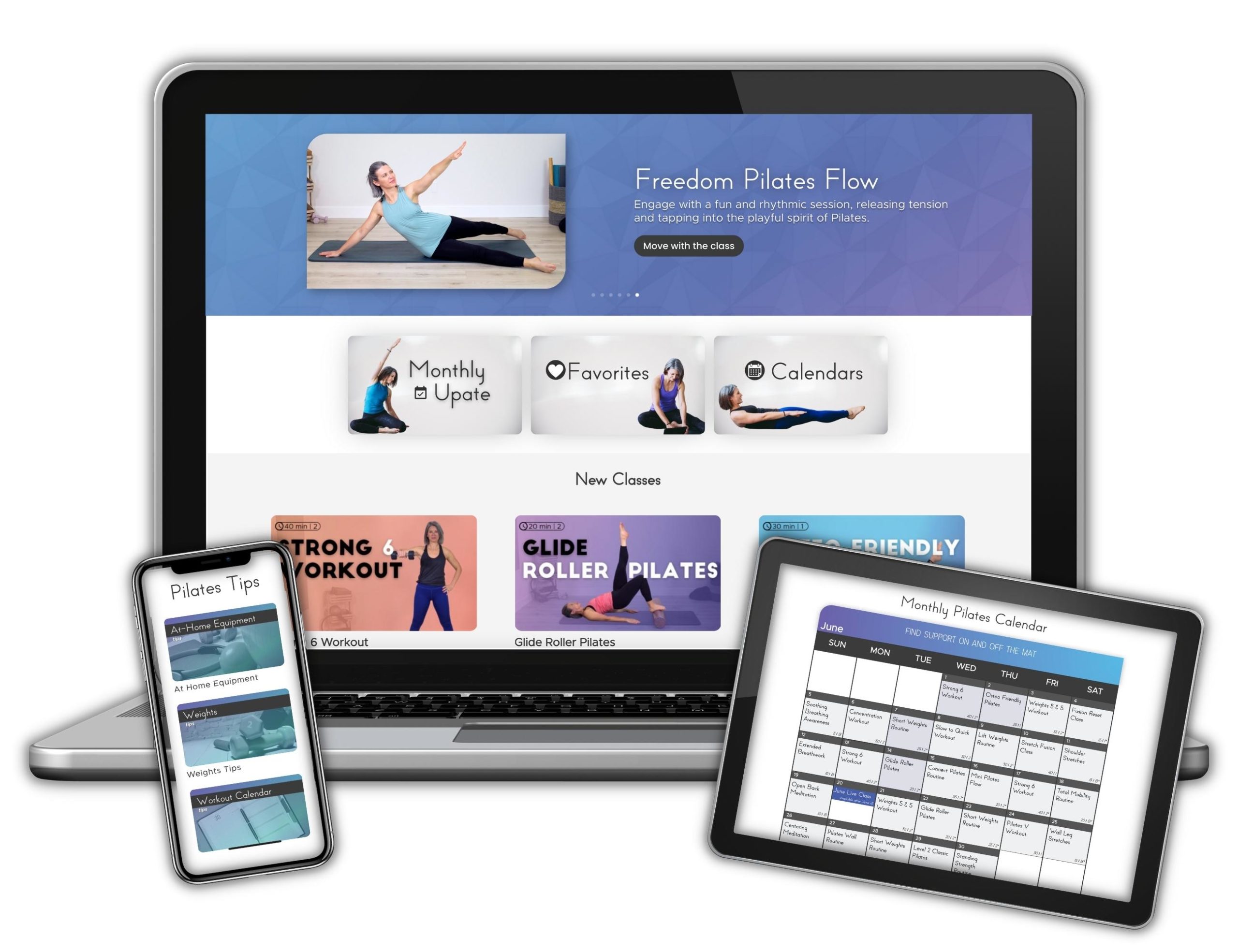 Computer showcasing Trifecta Pilates Membership dashboard with featured class on top, Monthly Update, Favorites, Calendars icons in second row and New Classes featured in third row. On left bottom i-phone image with Pilates Tips images. On bottom right, Monthly Calendar